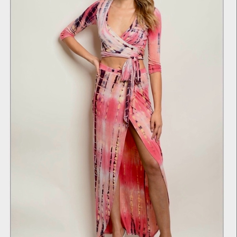 🌸 Pink Tie-Dye 2-Piece Set Wrap Crop Top & Maxi Skirt Festival or Beach Outfit S